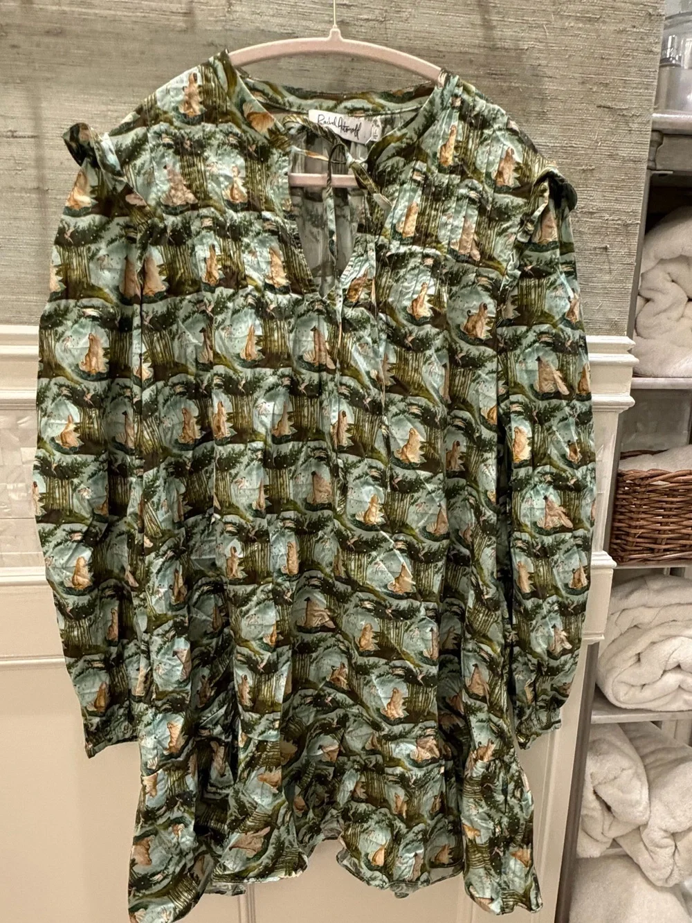 Large Rachel Antonoff Laura pleated mini dress dog pattern Green Long-Sleeve